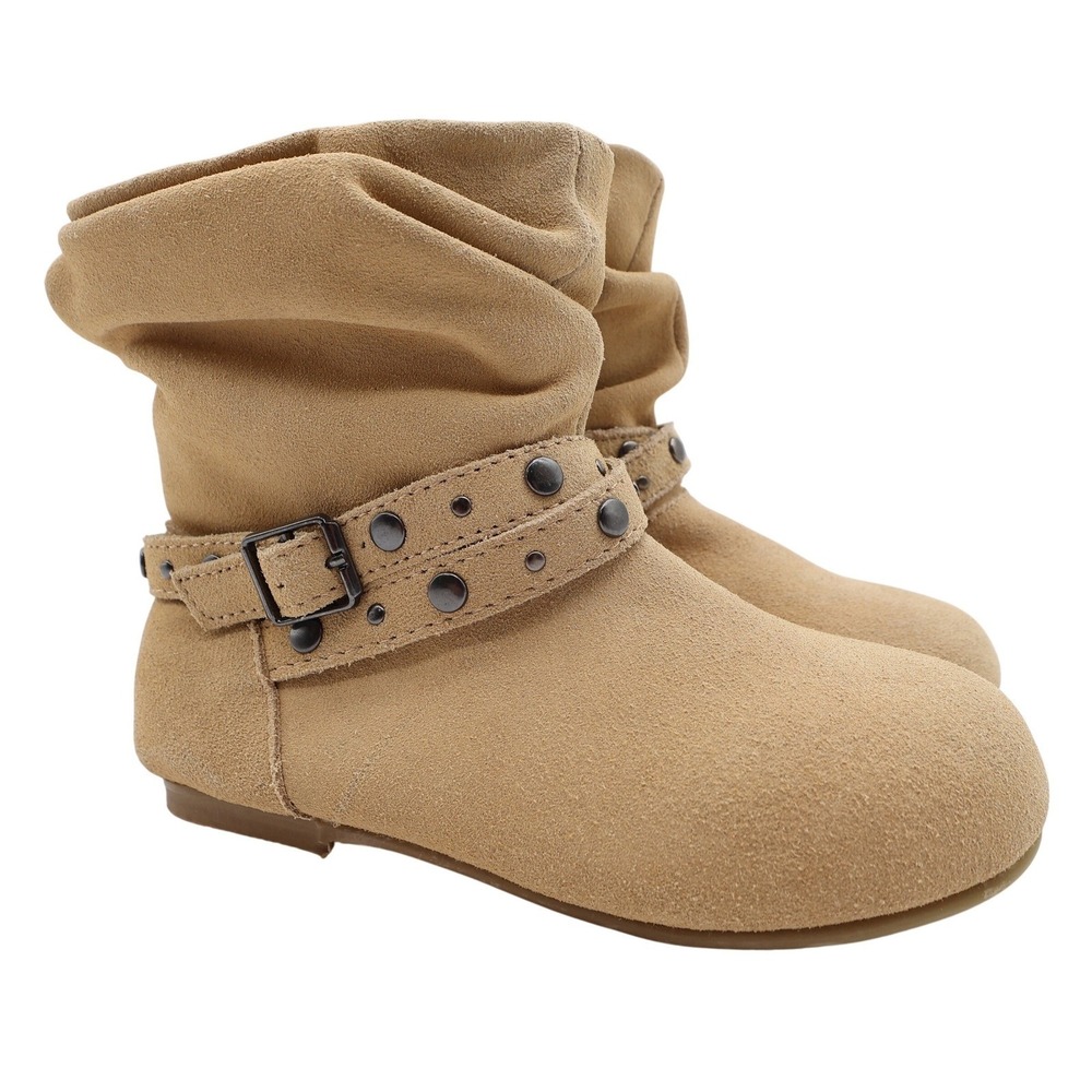 L'Amour Slouch Boots Kids Size 11 Tan Leather Studded Buckle Strap A612 NEW